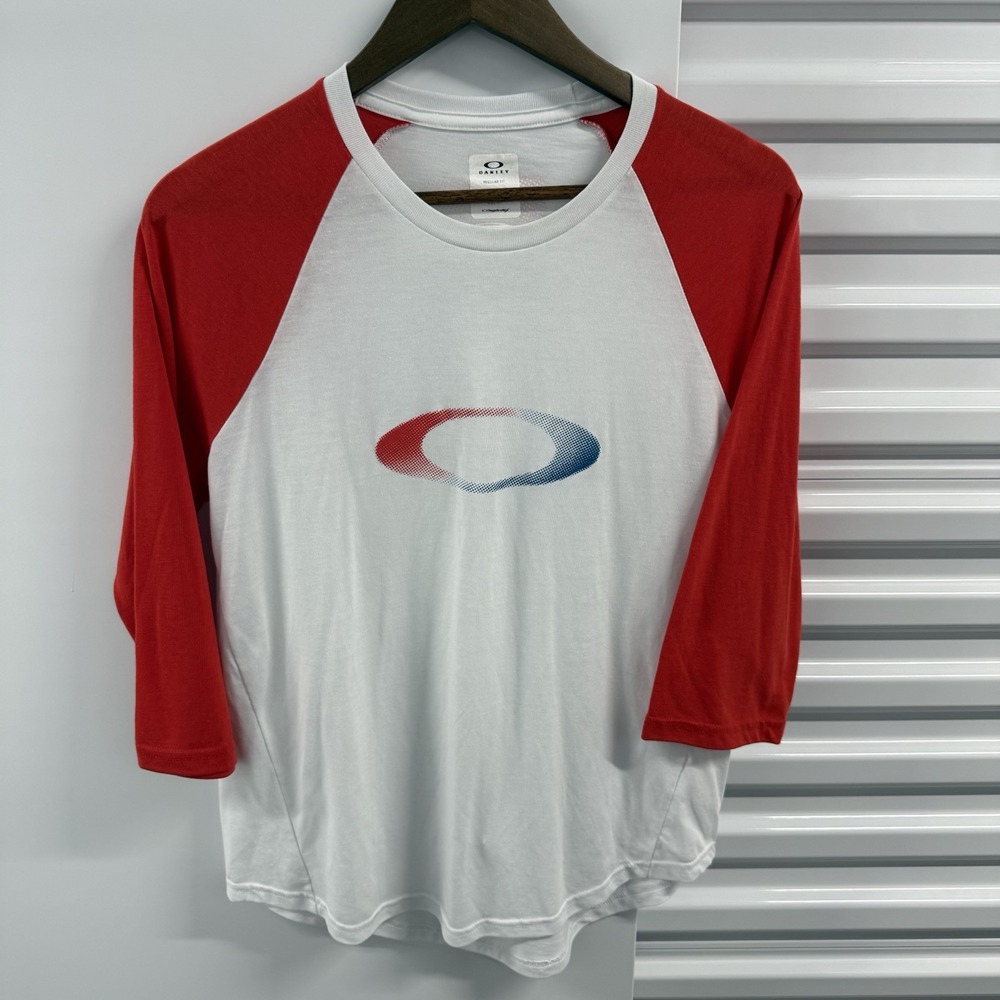 Oakley Hydrolix Raglan 3/4 Sleeve Shirt Mens Small White Red Regular Fit